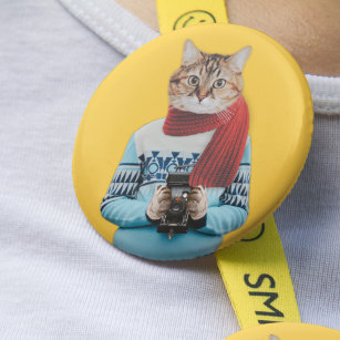 Chapa Redonda De 5 Cm Fotógrafo de gato en Quirky suéter vintage
