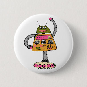 Chapa Redonda De 5 Cm Frankie robot, naranja en blanco