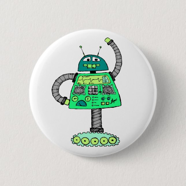 Chapa Redonda De 5 Cm Frankie robot, verde sobre blanco (Anverso)