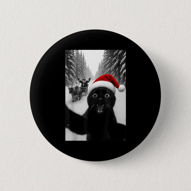 Chapa Redonda De 5 Cm Funny Black Cat Selfie With Santa Christmas Men Wo (Anverso)