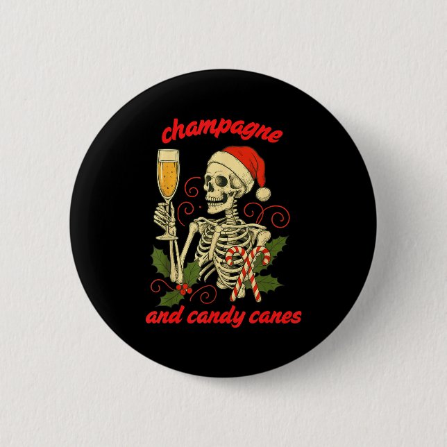 Chapa Redonda De 5 Cm Funny Christmas Skeleton Champagne And Candy Canes (Anverso)