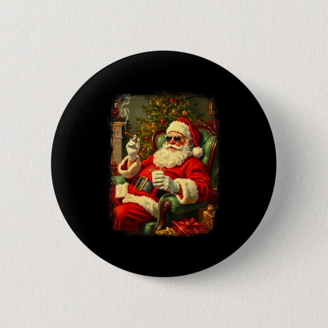 Chapa Redonda De 5 Cm Funny Cool Sungles Cigar And Milk Santa Christmas  (Anverso)