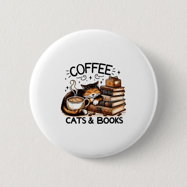 Chapa Redonda De 5 Cm Funny Cute Coffee Cats Books Lover Women Men Kids  (Anverso)