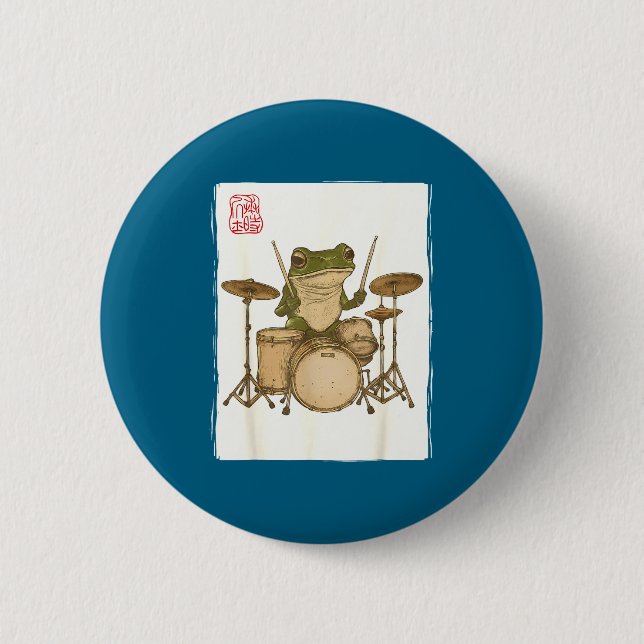 Chapa Redonda De 5 Cm Funny Frog Drum Rock Music Kawaii Japanese  (Anverso)