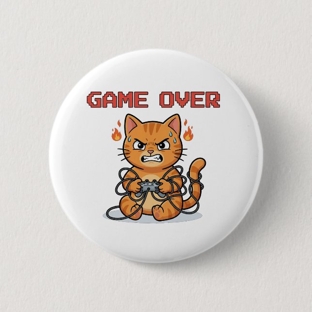 Chapa Redonda De 5 Cm Funny Gamer Cat Game Over Button (Anverso)