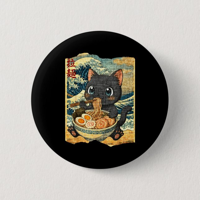 Chapa Redonda De 5 Cm Funny Kawaii Black Cat Ramen Noodle Bowl Japanese  (Anverso)