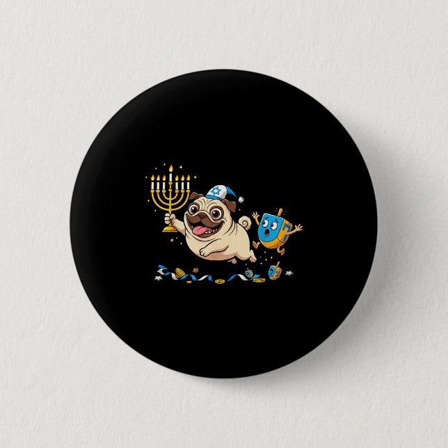 Chapa Redonda De 5 Cm Funny Pug Dreidel Menorah Hanukkah Kids Womens Men (Anverso)