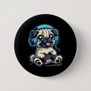 Chapa Redonda De 5 Cm Funny Pug Gamer Perro Juego Pug Pugs Video Juego 1