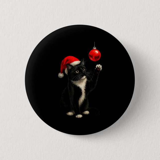 Chapa Redonda De 5 Cm Funny Tuxedo Bauble Cat Santa Hat Red Xmas Christm (Anverso)