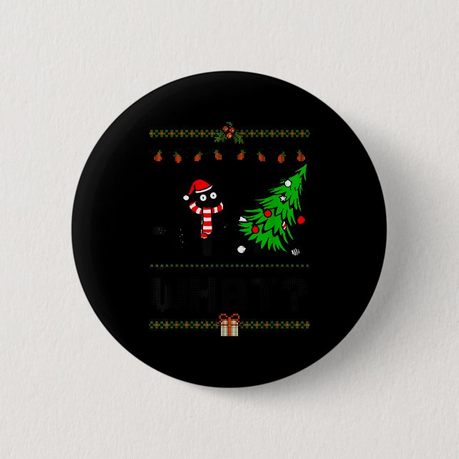 Chapa Redonda De 5 Cm Funny Xmas Black Cat Pushing Christmas Tree Over C (Anverso)