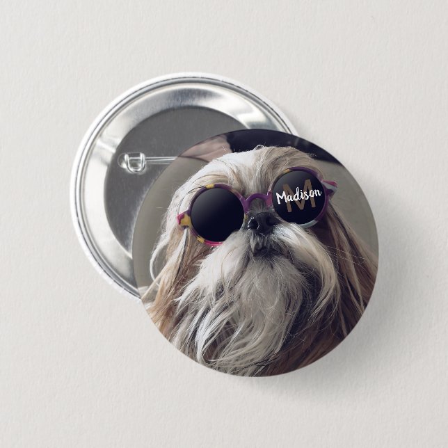 Chapa Redonda De 5 Cm Gafas retro vintage de Guay Shih Tzu Foto Monogram (Anverso y reverso)
