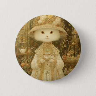 Chapa Redonda De 5 Cm Gata Lady Snow – Gato Victoriano con Taza de Té
