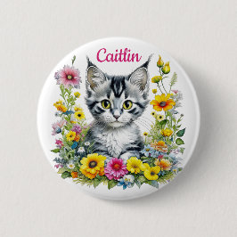 Chapa Redonda De 5 Cm Gatito acuarela en flores amarillas personalizadas