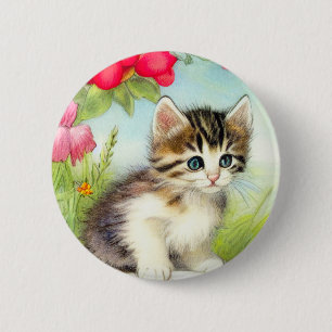 Chapa Redonda De 5 Cm Gatito blanco y marrón vintage con flores