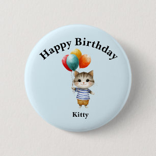 Chapa Redonda De 5 Cm Gatito con globos de cumpleaños Fiesta linda Cel