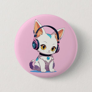 Chapa Redonda De 5 Cm Gatito Kawaii con Auriculares Balanceantes