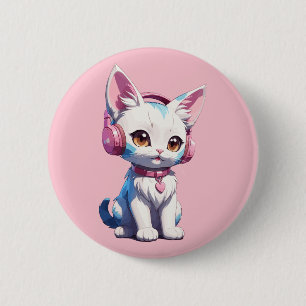 Chapa Redonda De 5 Cm Gatito Lindo con Auriculares Magia