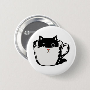 Chapa Redonda De 5 Cm Gatito negro con nariz roja escondido en una taza