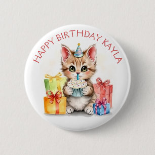 Chapa Redonda De 5 Cm Gatito personalizado lindo en Gorra de cumpleaños
