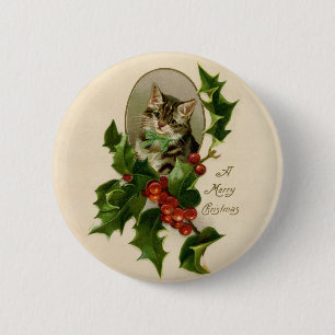 Chapa Redonda De 5 Cm Gatito Victoriano de Navidad en Tabby Antiguo de A