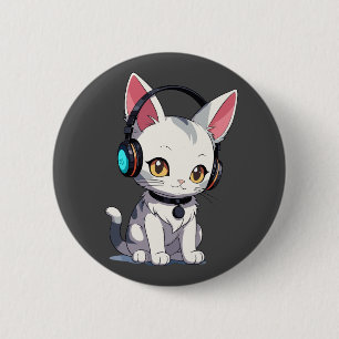Chapa Redonda De 5 Cm Gato Adorable y con Estilo con Auriculares