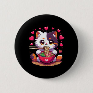 Chapa Redonda De 5 Cm Gato Anime Comer Fideos De Ramen Con Corazones Val