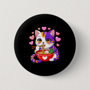 Chapa Redonda De 5 Cm Gato Anime Comiendo Fideos Ramen Con Corazones Div