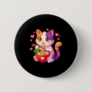 Chapa Redonda De 5 Cm Gato Anime Comiendo Fideos Ramen Con Corazones Div