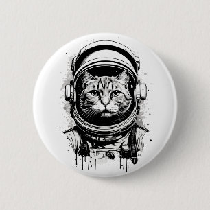 Chapa Redonda De 5 Cm Gato Astronauta Blanco y Negro