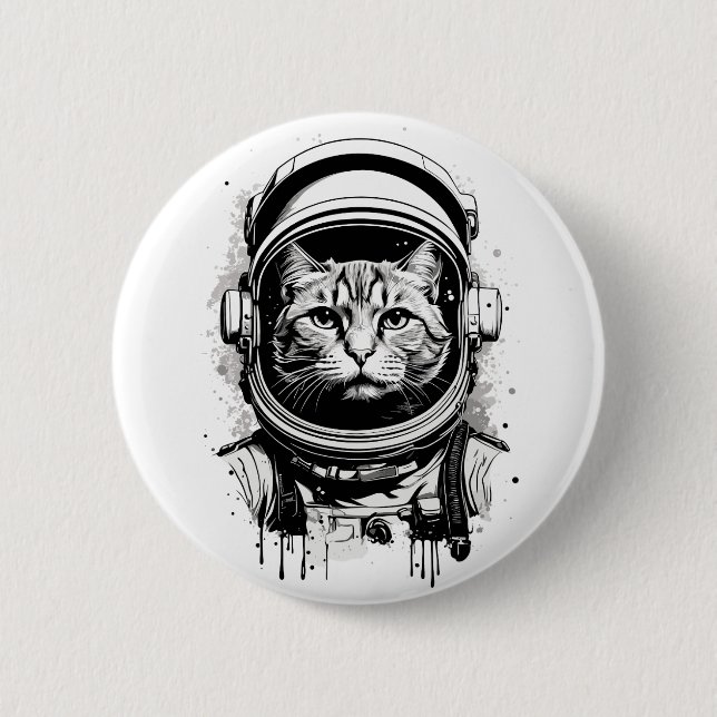 Chapa Redonda De 5 Cm Gato astronauta blanco y negro (Anverso)