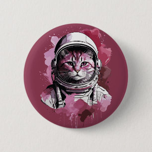 Chapa Redonda De 5 Cm Gato astronauta de color rojo