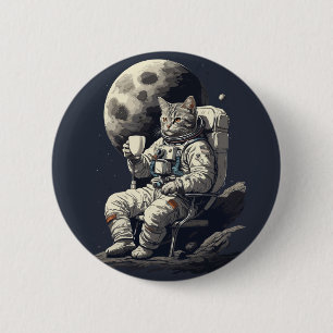Chapa Redonda De 5 Cm Gato Astronauta Tomando una Taza de Café