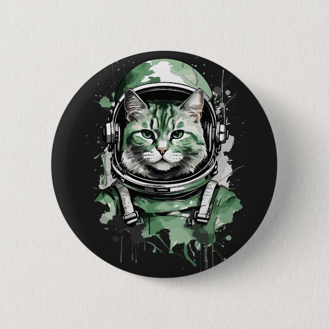 Chapa Redonda De 5 Cm Gato Astronauta Verde Splash (Anverso)