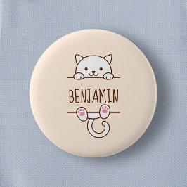 Chapa Redonda De 5 Cm Gato blanco buscando detrás del nombre personaliza