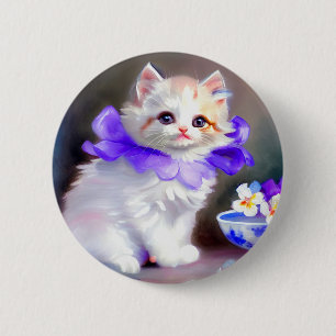 Chapa Redonda De 5 Cm Gato blanco con pintura de cuello de flores morada