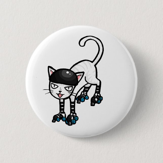 Chapa Redonda De 5 Cm Gato blanco en rollerskates (Anverso)
