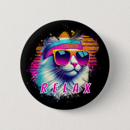 Chapa Redonda De 5 Cm Gato blanco retro con Personalizado de gafas de so