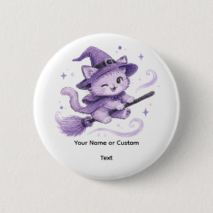 Chapa Redonda De 5 Cm Gato bruja morado lindo en escoba Halloween