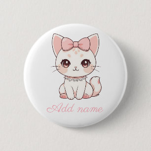 Chapa Redonda De 5 Cm Gato Coquette Kawaii con Lazo Rosa Femenino Lind