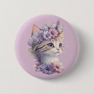 Chapa Redonda De 5 Cm Gato de acuarela violeta lindo con flora