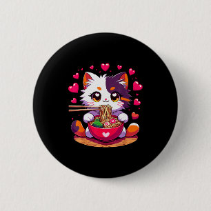 Chapa Redonda De 5 Cm Gato de anime comiendo fideos ramen con corazones
