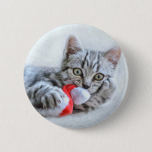 Chapa Redonda De 5 Cm Gato de grisáceo lindo con Navidades Gorras navida