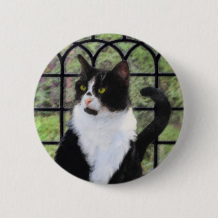Chapa Redonda De 5 Cm Gato de Tuxedo en la ventana Pintura de arte anima