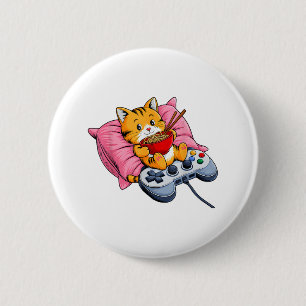 Chapa Redonda De 5 Cm Gato divertido de gamer Ramen Kawaii Jugando A Muj