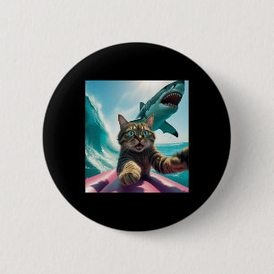 Chapa Redonda De 5 Cm Gato Divertido Surfando Selfie Con Tiburón Meme _1
