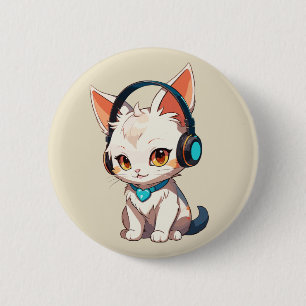 Chapa Redonda De 5 Cm Gato elegante y lindo con auriculares