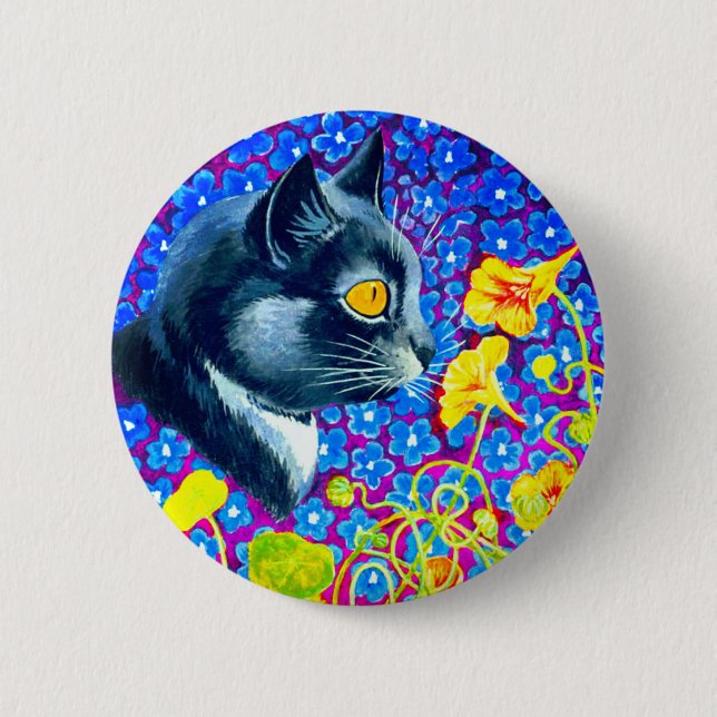 Chapa Redonda De 5 Cm Gato en flores (Anverso)