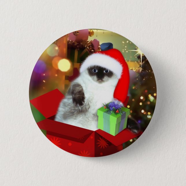 Chapa Redonda De 5 Cm Gato en Santa Hat (Anverso)