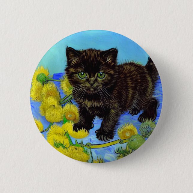 Chapa Redonda De 5 Cm Gato estilo Van Gogh con girasoles (Anverso)