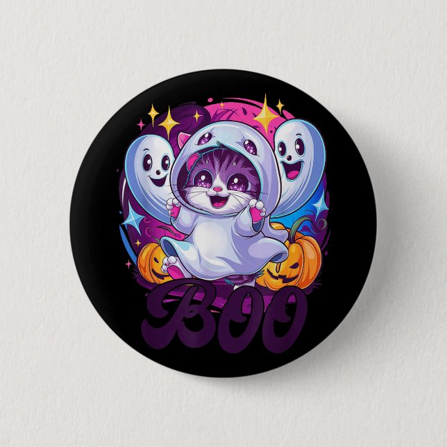 Chapa Redonda De 5 Cm Gato fantasma Boo  (Anverso)